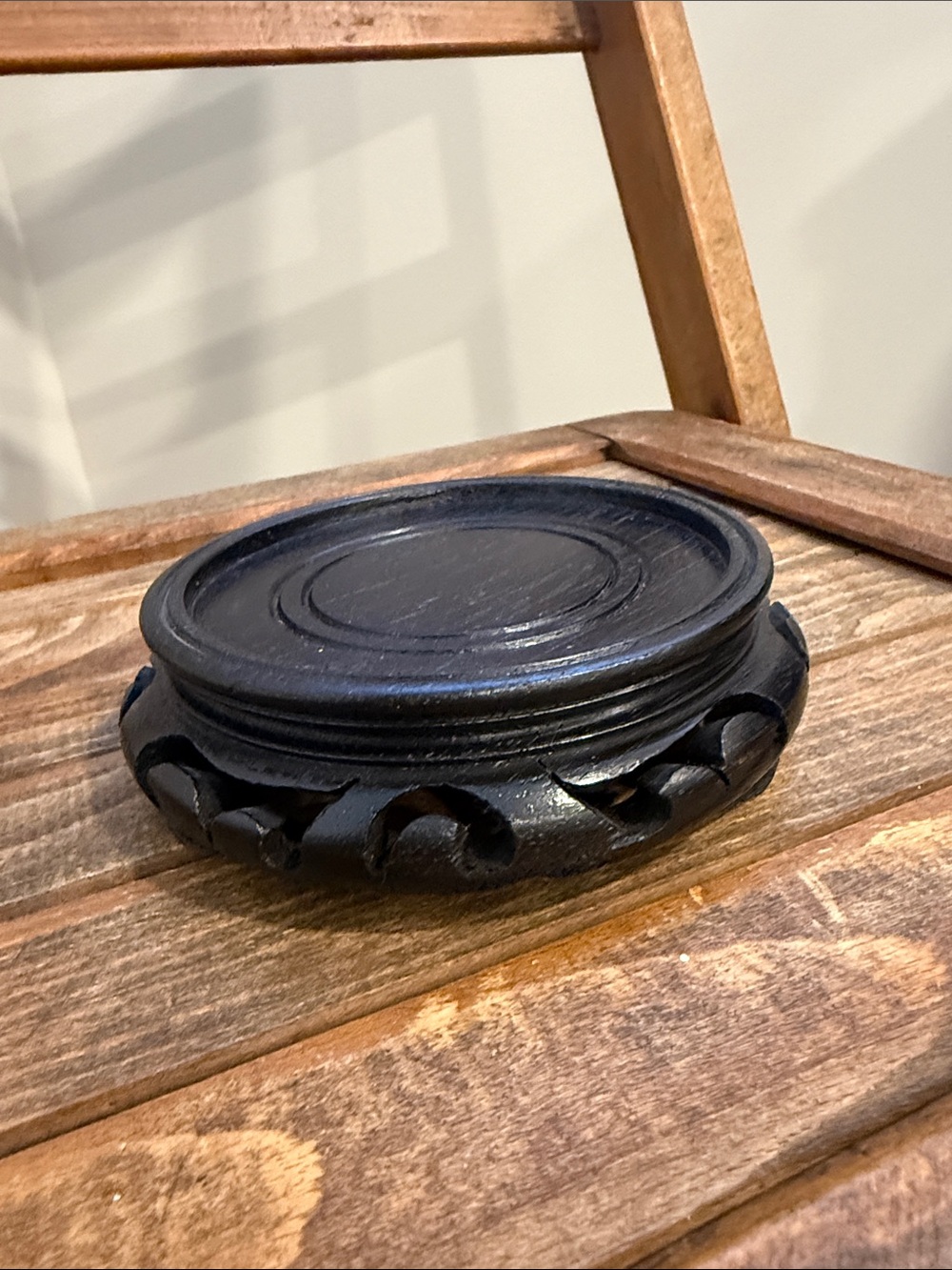 Vintage Small Black Carved Wood Display Stand Pedestal Plant Vase Riser